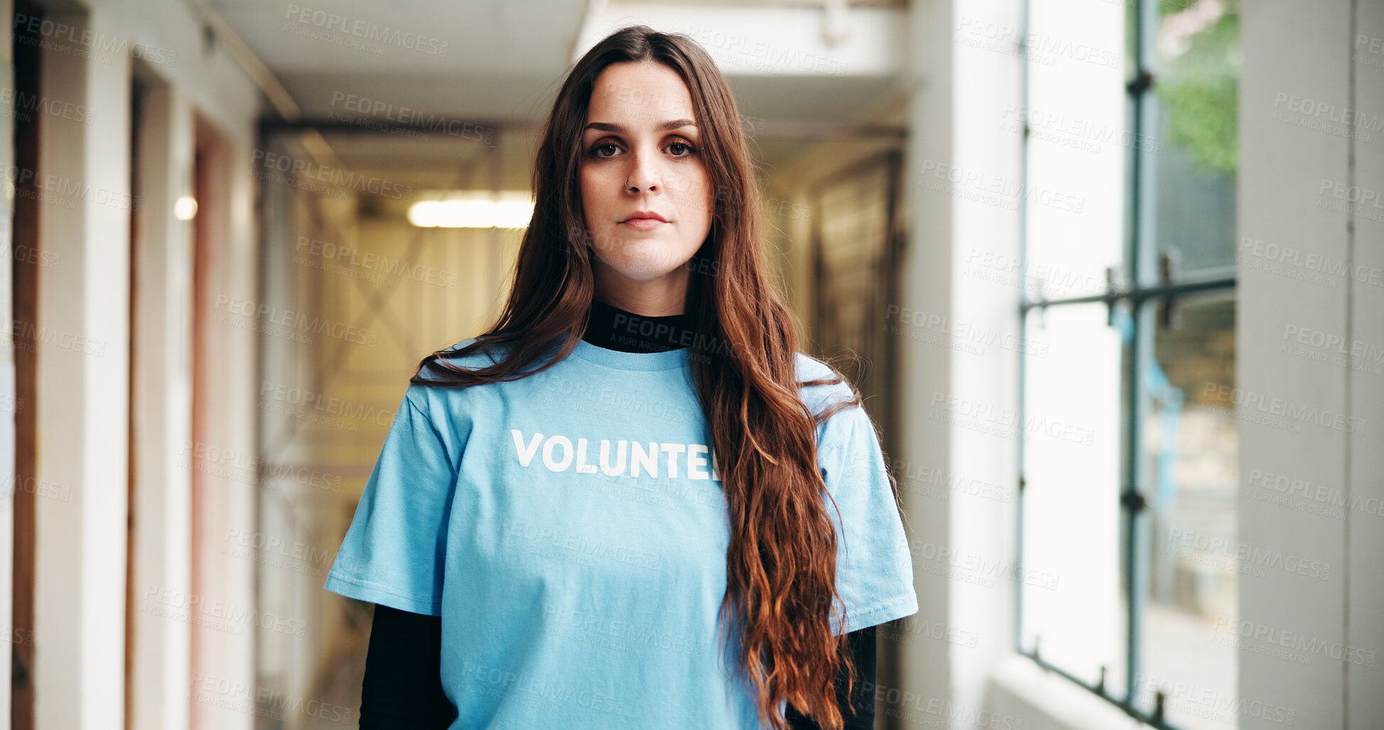 Buy stock photo Portrait, NGO and woman with community service, pride and support for recycling. Volunteering, person and girl with tshirt, earth day and humanitarian project with confidence and clean environment