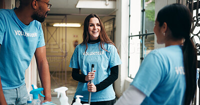 Buy stock photo People, volunteer and smile for cleaning, corridor maintenance and workplace hygiene. Happy, team and hallway cleanliness with supplies, ngo outreach and sanitation project for social responsibility