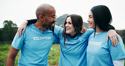 Buy stock photo Team, volunteers and hug in nature with smile for environmental outreach, charity or NGO support. Happy people, solidarity or embrace outdoor for eco project, social responsibility or sustainability.