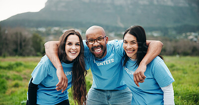 Buy stock photo Portrait, volunteers and hug in nature with smile for environmental outreach, charity and NGO support. Happy team, people and embrace outdoor for eco project, social responsibility or sustainability.