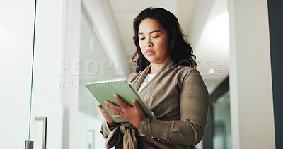 Buy stock photo Online, employee and woman with tablet, office and research for brand awareness on social media app. Business, person and schedule post on web, digital marketing and campaign with tech and low angle