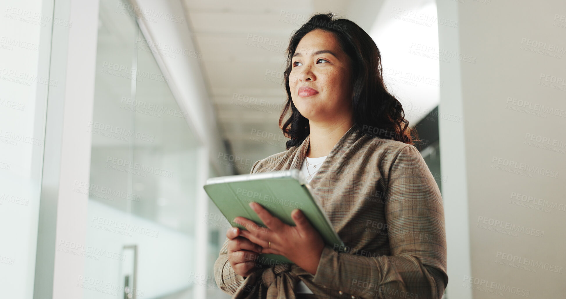 Buy stock photo Thinking, woman and research with tablet, office and online for brand awareness on social media app. Reflection, person and schedule post on website, digital marketing and ad campaign and low angle