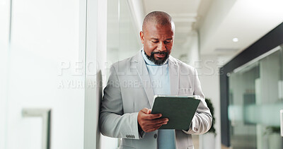 Buy stock photo Tablet, professional and black man in office with reading for finance report for budget plan. Digital technology, research and African male financial manager with email for investment proposal.