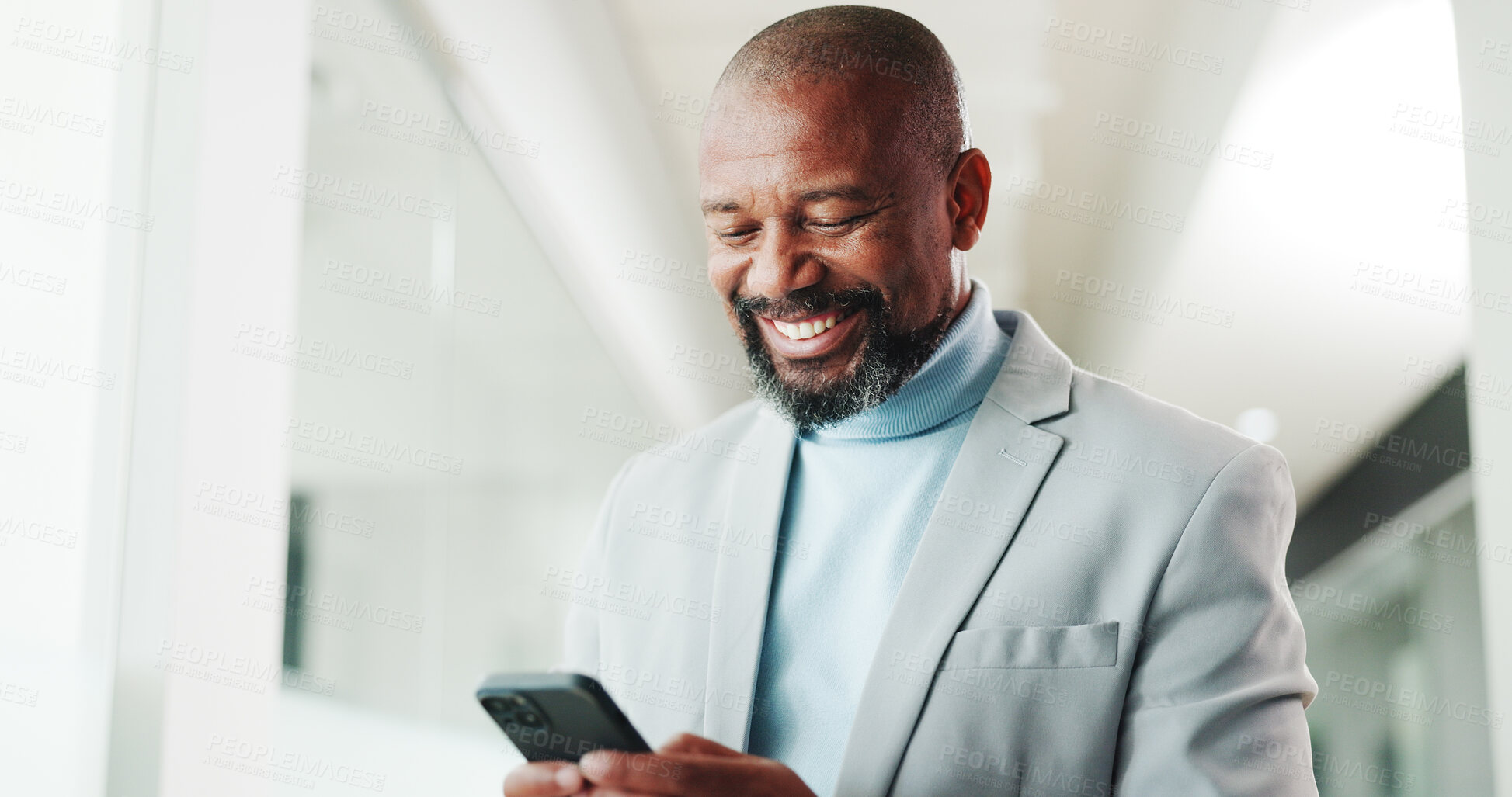 Buy stock photo Happy, phone and businessman in office for email, communication or contact for finance deal. Technology, typing and mature financial manager with cellphone for investment proposal on app in workplace