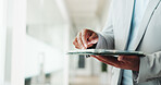 Tablet, hands and businessman in office with research for finance report for budget plan. Digital technology, scrolling and male financial manager with email for investment proposal in workplace.