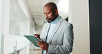 Tablet, professional and businessman in office with research for finance report for budget plan. Digital technology, reading and African male financial manager with email for investment proposal.