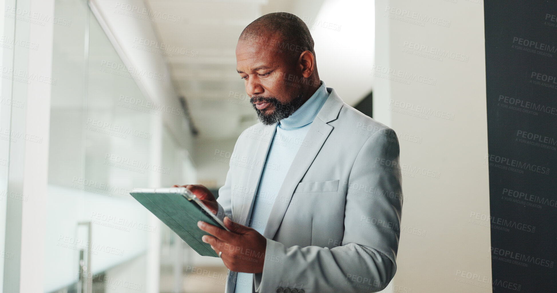 Buy stock photo Tablet, professional and businessman in office with research for finance report for budget plan. Digital technology, reading and African male financial manager with email for investment proposal.