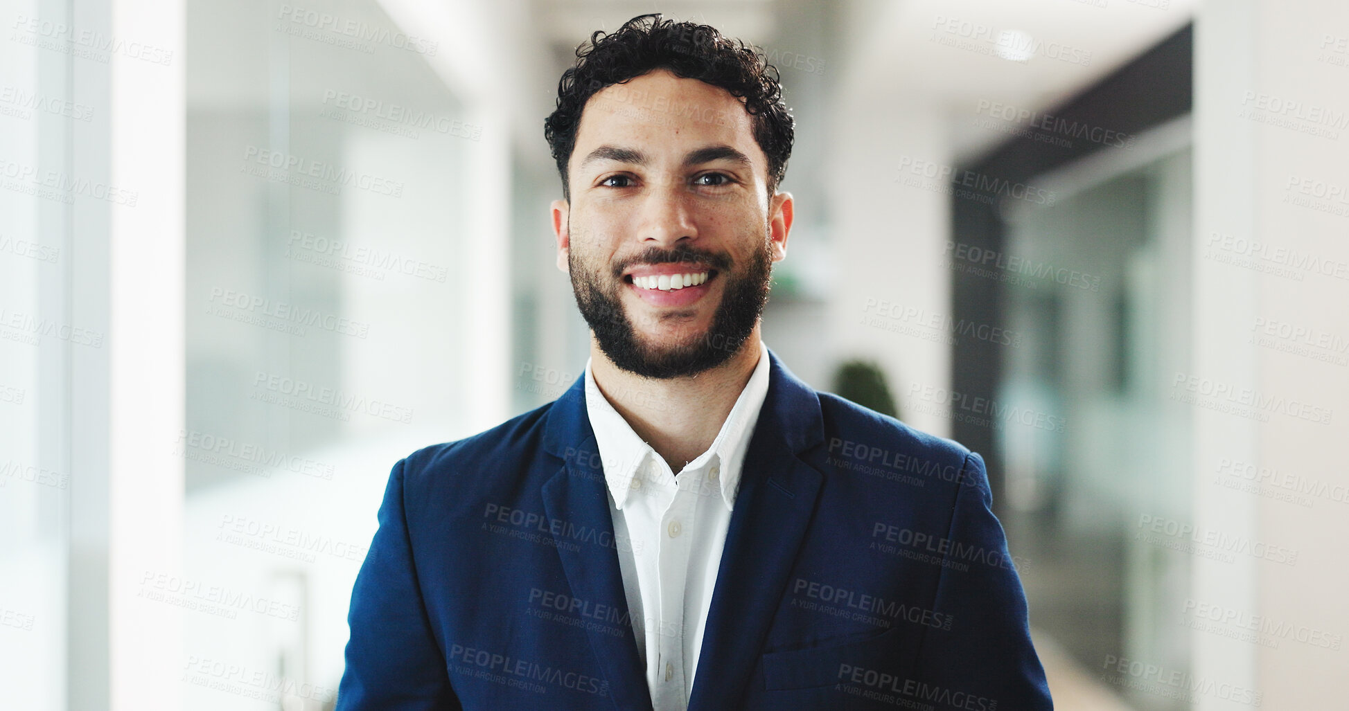 Buy stock photo Portrait, employee and man with smile, hallway and confident for financial development and ambitious. Business, investment banker and person with pride for career growth, happy and opportunity in USA