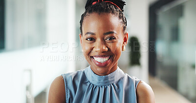 Buy stock photo Happy, black woman or portrait with career pride in office for creative design or opportunity. Female person, designer or business professional with smile for company growth, confidence or management