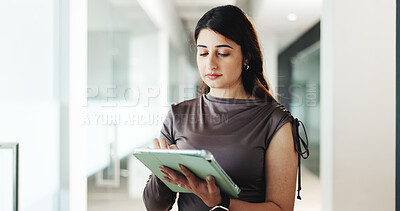 Buy stock photo Online, research and woman with tablet, office and browsing for brand awareness on social media app. Business, digital marketing and schedule post on website, scroll and person with tech for campaign