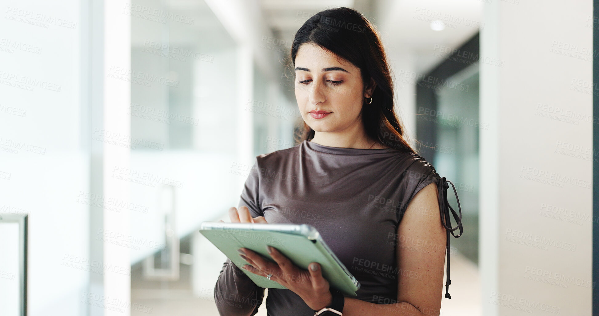 Buy stock photo Online, research and woman with tablet, office and browsing for brand awareness on social media app. Business, digital marketing and schedule post on website, scroll and person with tech for campaign