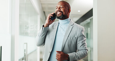 Buy stock photo Phone call, happy and businessman in office with communication for client feedback on finance report. Smile, cellphone and African financial manager on mobile discussion for investment negotiation.