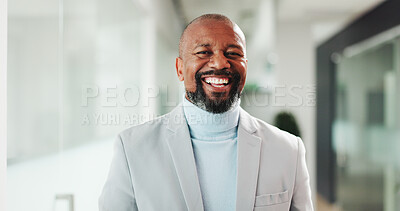 Buy stock photo Portrait, business and black man with smile in office for career pride, about us and real estate. Happy, mature realtor and ambition for property development, housing consultant and expansion project