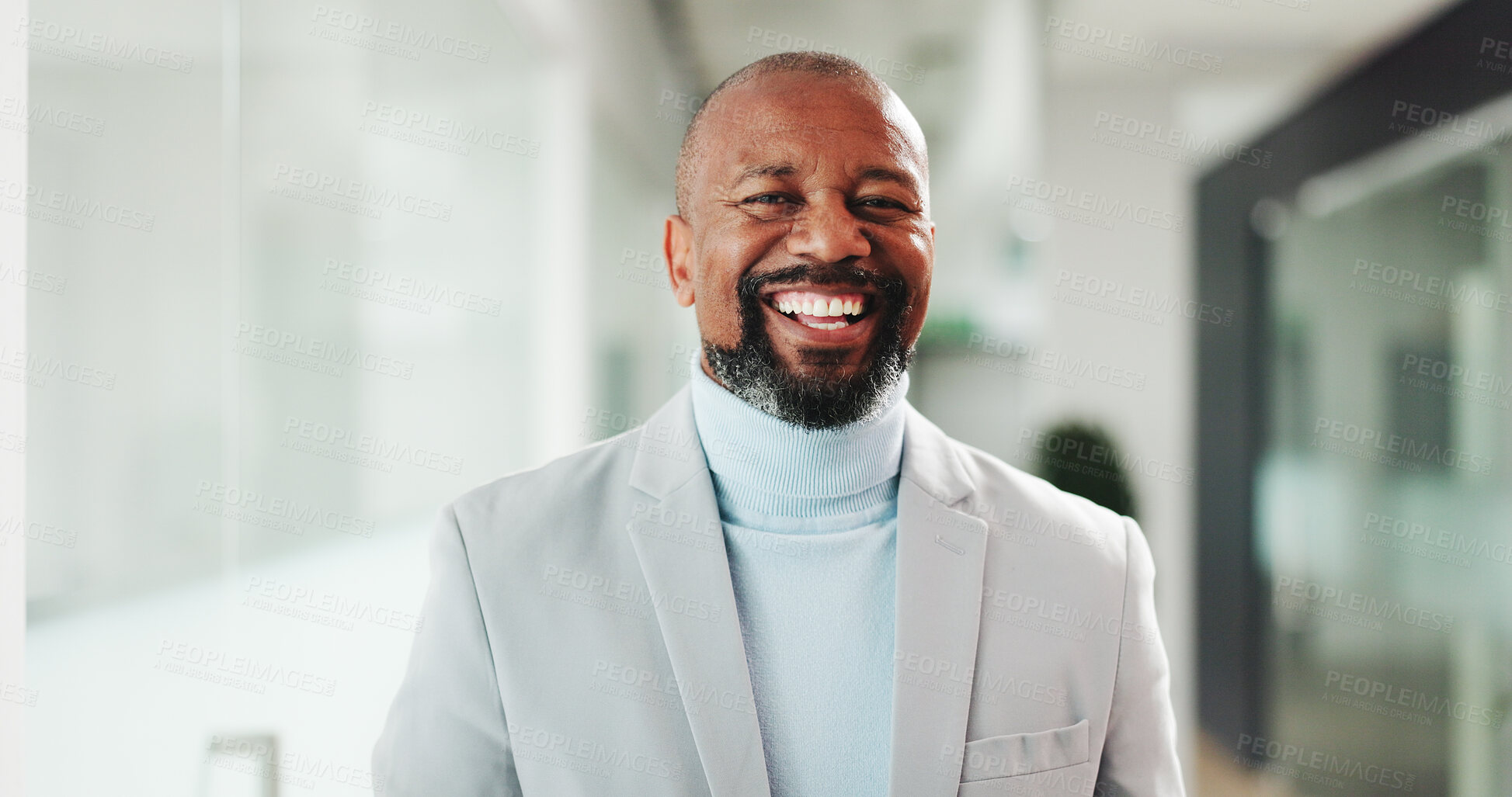 Buy stock photo Portrait, business and black man with smile in office for career pride, about us and real estate. Happy, mature realtor and ambition for property development, housing consultant and expansion project
