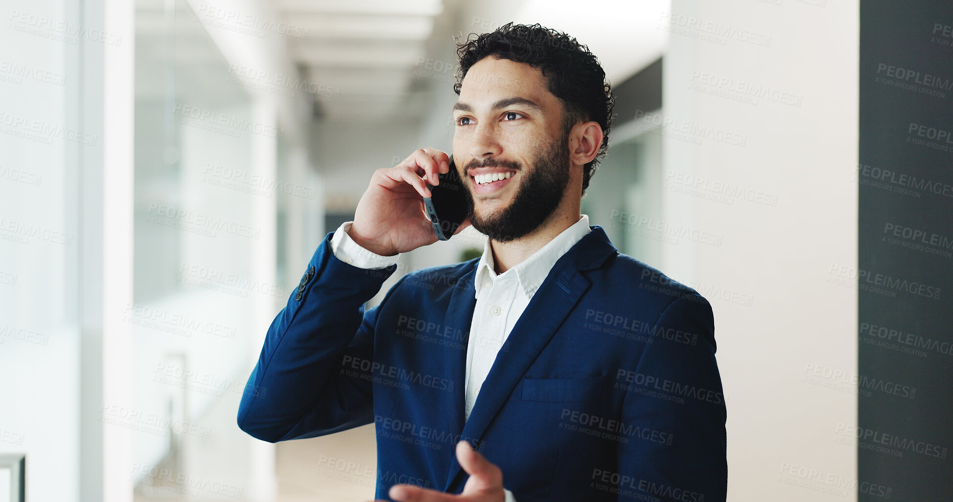 Buy stock photo Smile, business and man with phone call in office for consultation, real estate and contact client. Happy, male relator and mobile for discussion, property negotiation and buyer inquiry with proposal