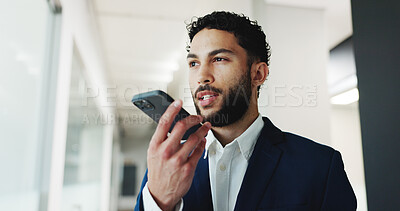 Buy stock photo Speaker, voice note and business man with phone in office for communication, recording and contact. Corporate, professional and person talking on smartphone for planning, networking and message
