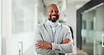 Happy, black man and portrait with confidence for corporate business or career pride in office. Businessman, employee or investor with smile or arms crossed for company development, job or growth