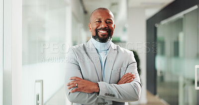 Buy stock photo Happy, black man and portrait with confidence for corporate business or career pride in office. Businessman, employee or investor with smile or arms crossed for company development, job or growth