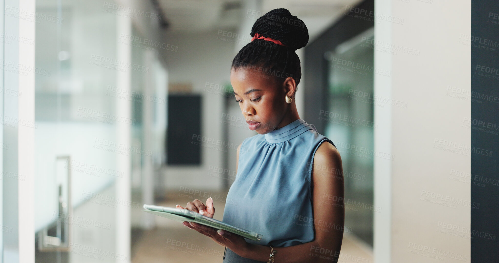 Buy stock photo Employee, research and woman with tablet, office and online for brand awareness on social media app. Business, black person and schedule post on web digital marketing and ad campaign with technology