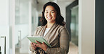 Tablet, professional and portrait of businesswoman in office with research for finance report for budget. Digital technology, happy and Asian financial manager with email for investment proposal.