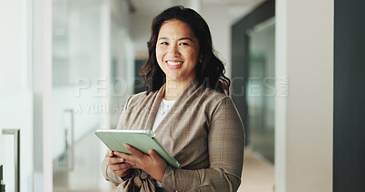 Buy stock photo Tablet, professional and portrait of businesswoman in office with research for finance report for budget. Digital technology, happy and Asian financial manager with email for investment proposal.