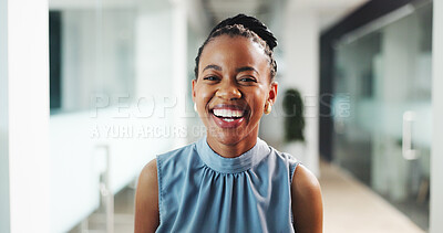 Buy stock photo Portrait, laugh and businesswoman with pride, hallway and reporter with career development and media. Happy, creative and black person with smile in newsroom, confident and magazine editor in Nigeria