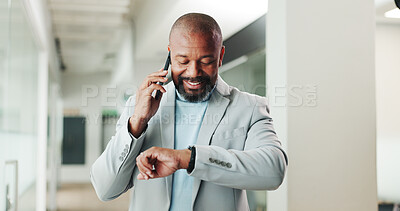 Buy stock photo Black man, business and checking watch with phone call for time, schedule or appointment in office. Happy, businessman and talking with mobile smartphone or wristwatch for reminder or work deadline