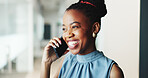Happy, business and black woman with phone call in office for consultation, real estate and contact client. Smile, relator and mobile for discussion, property negotiation and buyer inquiry with offer