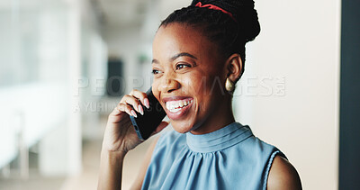 Buy stock photo Happy, business and black woman with phone call in office for consultation, real estate and contact client. Smile, relator and mobile for discussion, property negotiation and buyer inquiry with offer