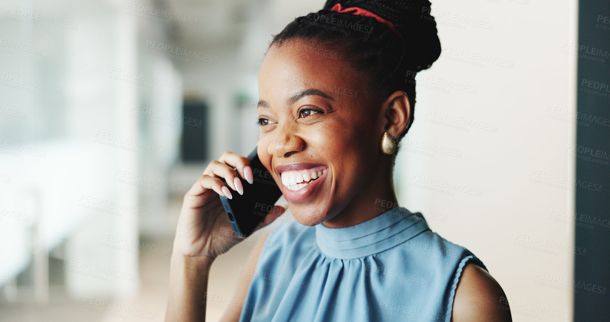 Buy stock photo Happy, business and black woman with phone call in office for consultation, real estate and contact client. Smile, relator and mobile for discussion, property negotiation and buyer inquiry with offer