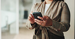 Hands, phone and businesswoman in office for email, communication or contact for finance deal. Technology, typing and female financial manager with cellphone for investment proposal in workplace.