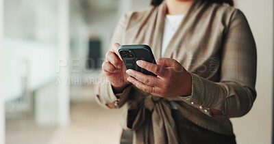 Buy stock photo Hands, phone and businesswoman in office for email, communication or contact for finance deal. Technology, typing and female financial manager with cellphone for investment proposal in workplace.