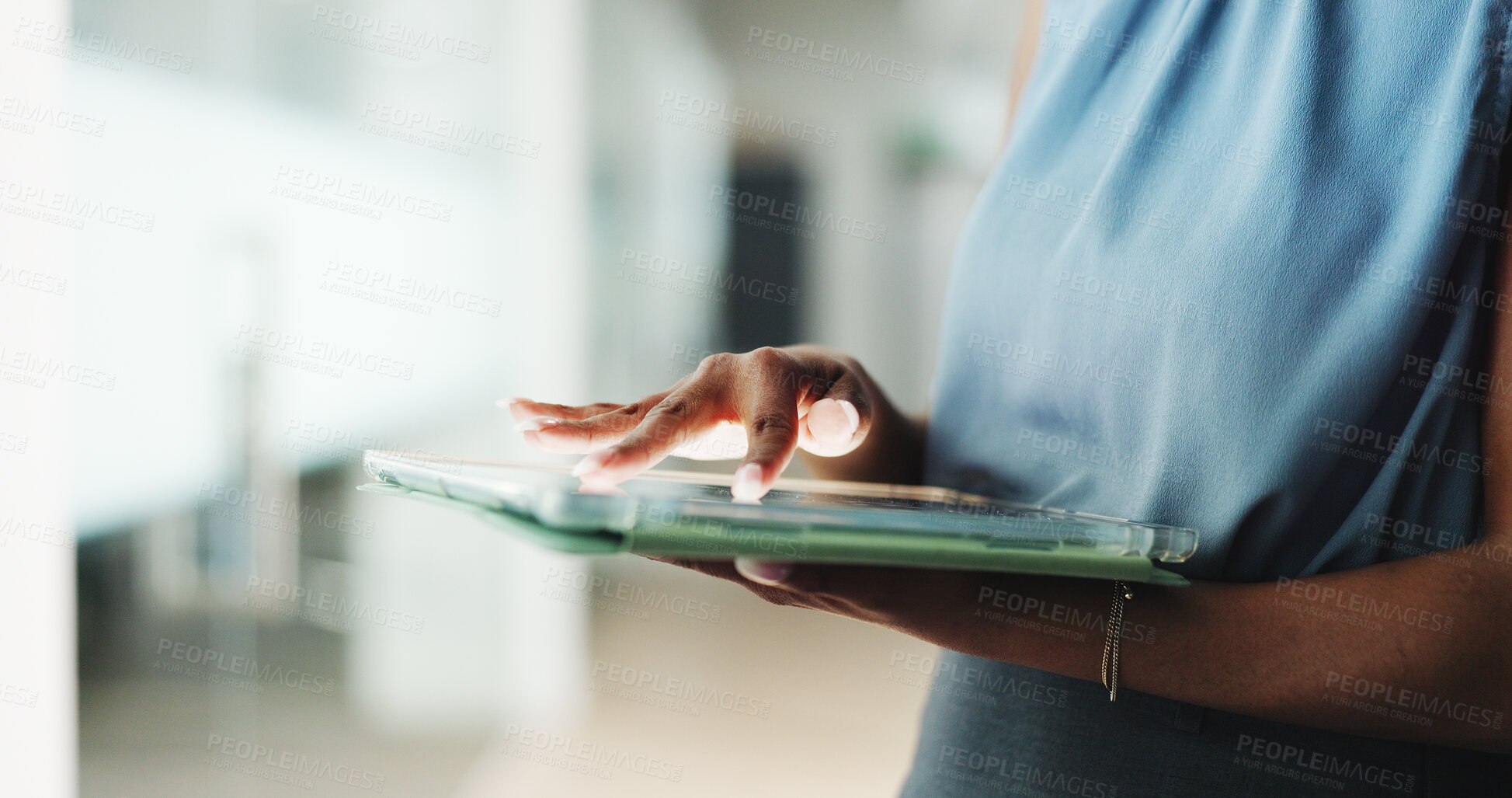 Buy stock photo Hands, scroll and research with tablet, office and browsing for brand awareness on social media app. Business, person and schedule post on website, digital marketing and ad campaign with technology