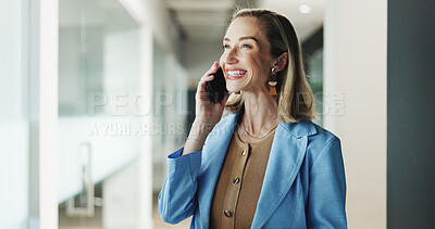 Buy stock photo Excited, business and woman with phone call in office for consultation, real estate and contact client. Happy, relator and mobile for discussion, property negotiation and buyer inquiry with proposal