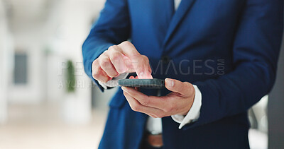 Buy stock photo Scroll, info and hands with smartphone, office and financial analysis on web, employee and research. Browsing, app and person with mobile for business growth, project and investment banker with tech