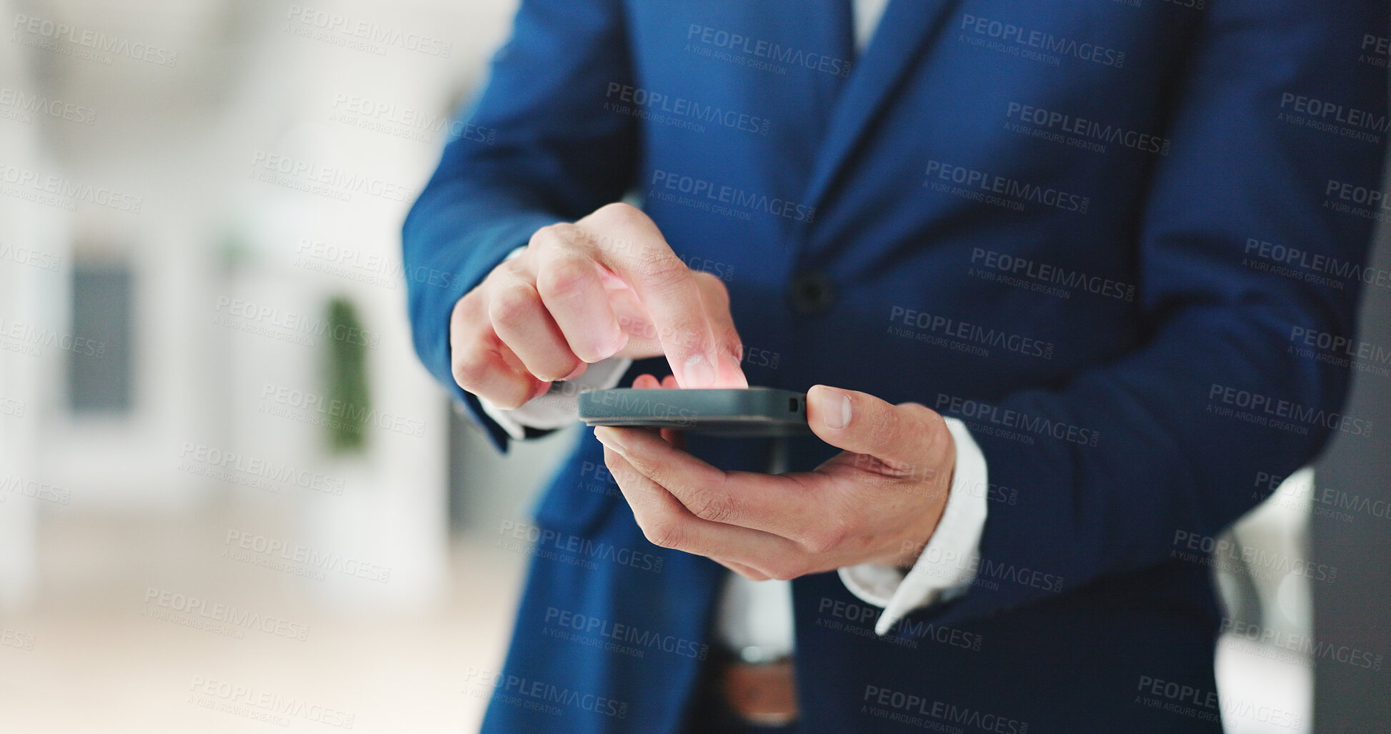 Buy stock photo Scroll, info and hands with smartphone, office and financial analysis on web, employee and research. Browsing, app and person with mobile for business growth, project and investment banker with tech