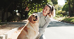 Happy, park and woman with dog for fresh air, walking and exercise together for animal care. Pet owner, morning and person with Golden Retriever outdoor for wellness, health and bonding for training