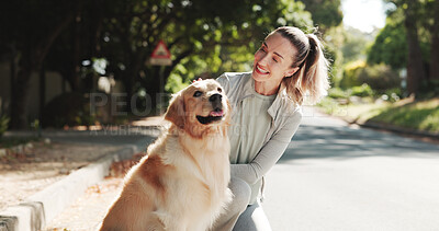 Buy stock photo Happy, park and woman with dog for fresh air, walking and exercise together for animal care. Pet owner, morning and person with Golden Retriever outdoor for wellness, health and bonding for training