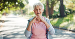 Portrait, old woman and heart sign for fitness, park and positive opinion for exercise and wellness. Outdoor, space and senior person with finger shape for workout routine, health and smile in USA