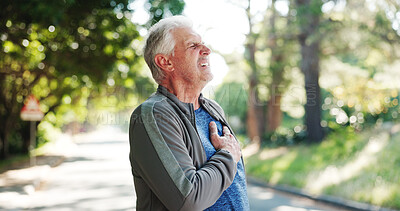 Buy stock photo Senior man, fitness and heart attack with stress in nature for cardiac arrest or medical risk. Elderly, male person or sore chest with cardiovascular disease, illness or health emergency in road