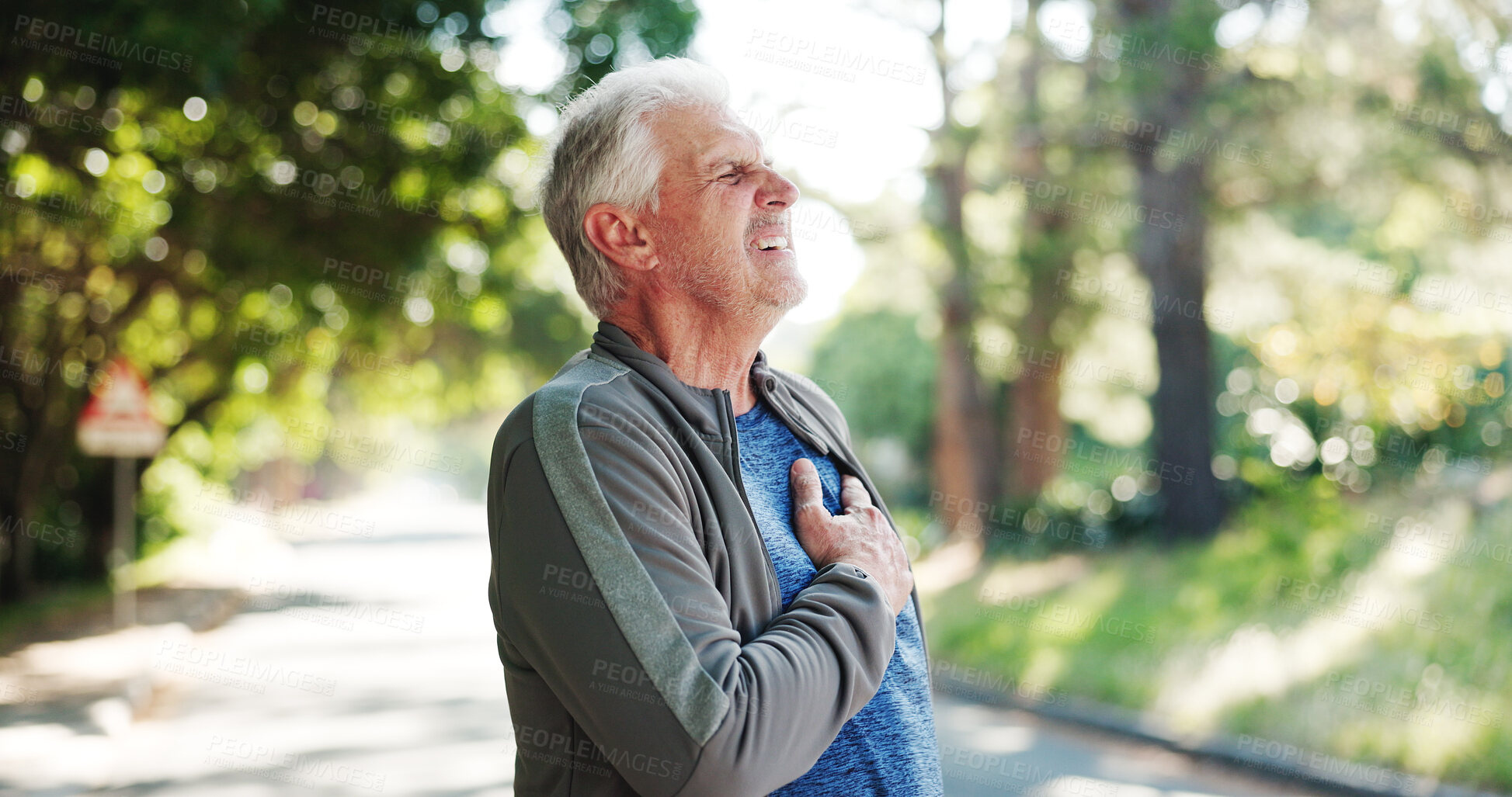 Buy stock photo Senior man, fitness and heart attack with stress in nature for cardiac arrest or medical risk. Elderly, male person or sore chest with cardiovascular disease, illness or health emergency in road