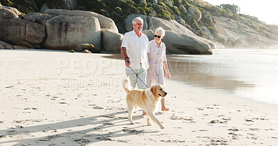 Buy stock photo Beach, dog and senior couple for walking, adventure and bonding on weekend together. Marriage, retirement and elderly man and woman with Golden Retriever by ocean for exercise, wellness and health