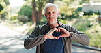 Park, heart and portrait of senior man with emoji for wellness, cardio health and fitness. Outdoor, morning and happy elderly person with sign for active workout, exercise and walking for mobility