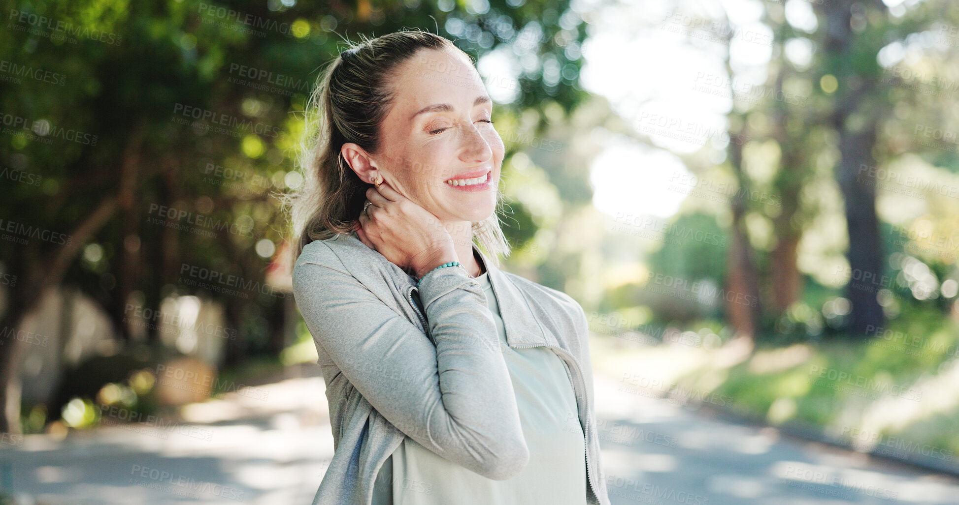 Buy stock photo Woman, fitness and neck injury with stress in nature for workout accident, strain or pressure. Active, female person or sore shoulder with ache or pain for muscle tension, fibromyalgia or sprain