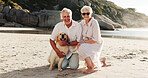 Beach, portrait and senior couple with dog for bonding, adventure and relax on weekend. Marriage, retirement and elderly man and woman with Golden Retriever by ocean for exercise, wellness and love