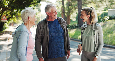 Buy stock photo Senior, happy couple and fitness with personal trainer in nature for funny workout or exercise. Elderly, man or woman with coach or laughing together for outdoor training, health or wellness in road