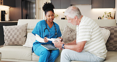 Buy stock photo Medicine box, senior man and nurse in home for medical prescription, dose and drugs for remedy. Medication, caregiver and talk with person in retirement for healthcare advice, schedule and treatment