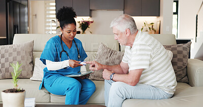 Buy stock photo Lancet, checkup and nurse with senior man on sofa in home for blood sugar test for diabetes. Consultation, discussion and medical caregiver with elderly male patient for glucose kit in living room.