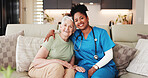 Portrait, old woman or caregiver on couch with hug, connection or healthcare guidance in retirement care. Smile, trust or people in house with embrace, support or medical service in assisted living.