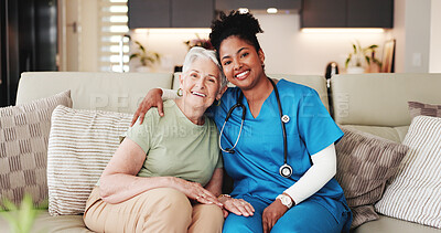 Buy stock photo Portrait, old woman or caregiver on couch with hug, connection or healthcare guidance in retirement care. Smile, trust or people in house with embrace, support or medical service in assisted living.